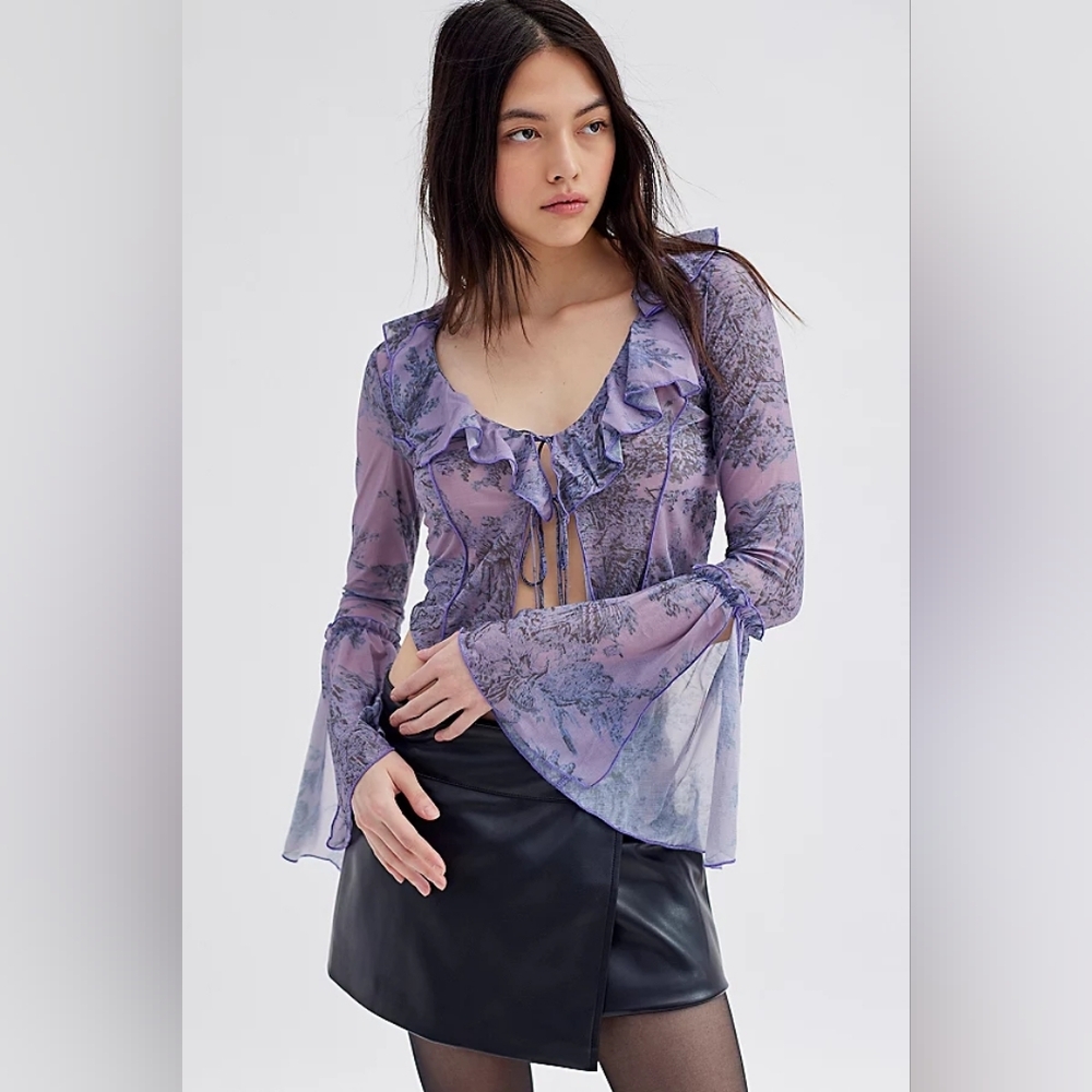 UO Out From Under Sheer Mesh Ruffle Tie Top Purple Toile Print Long Sleeve M New
